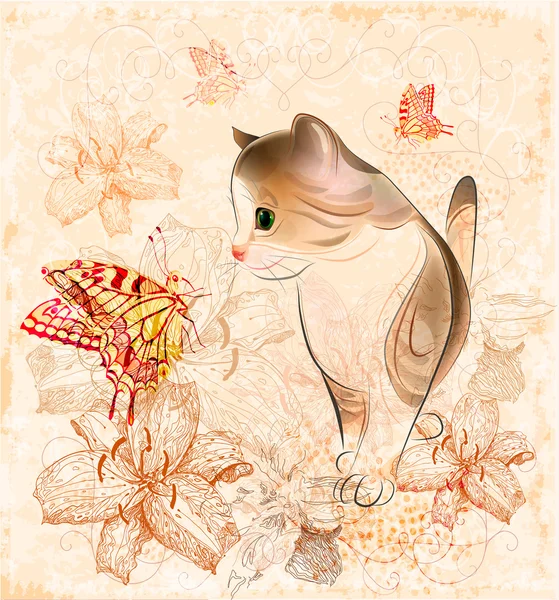 Doğum günü kartı küçük yavru kedi, çiçekler ve kelebekler — Stok Vektör