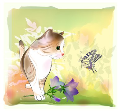 Retro birthday greeting card with little kitten watching at but clipart
