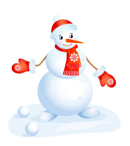 Carino sorridente pupazzo di neve nella tazza rossa e guanti — Vettoriale Stock
