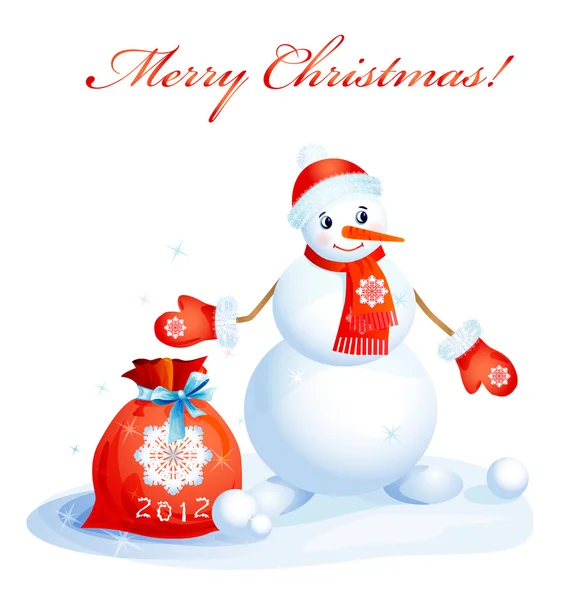 Bonito boneco de neve sorridente com saco de Natal vermelho —  Vetores de Stock