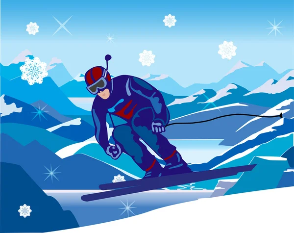 Tepeden aşağı eğimli kayakçı — Stok Vektör