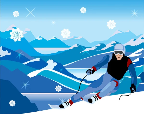 Esquiador inclinado desde la colina — Vector de stock