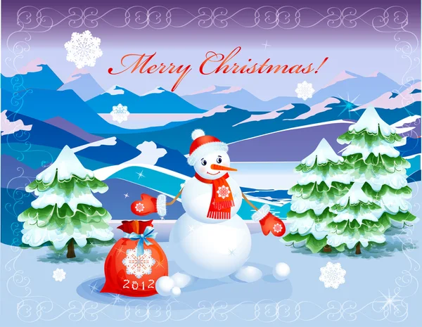Милый улыбающийся снеговик с красным мешком на Рождество — стоковый вектор