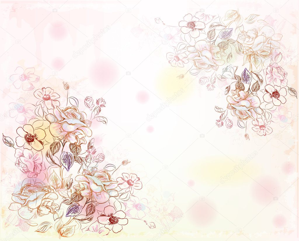 Line art roses on the watercolor background