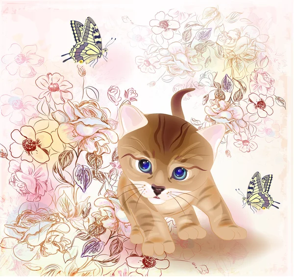 Tarjeta de felicitación de cumpleaños retro con pequeño gatito tabby, flores — Vector de stock