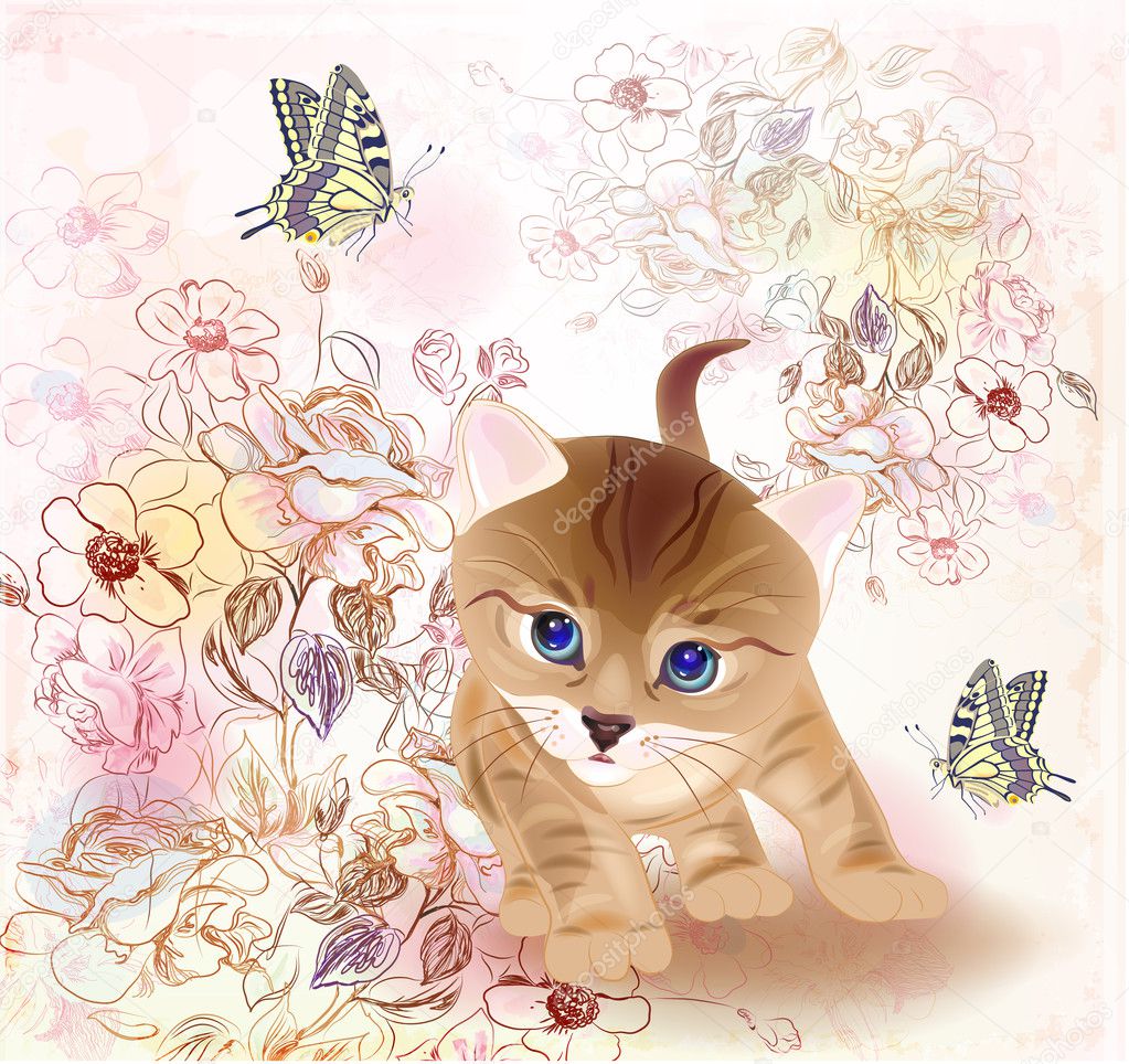 Retro birthday greeting card with little tabby kitten ,flowers