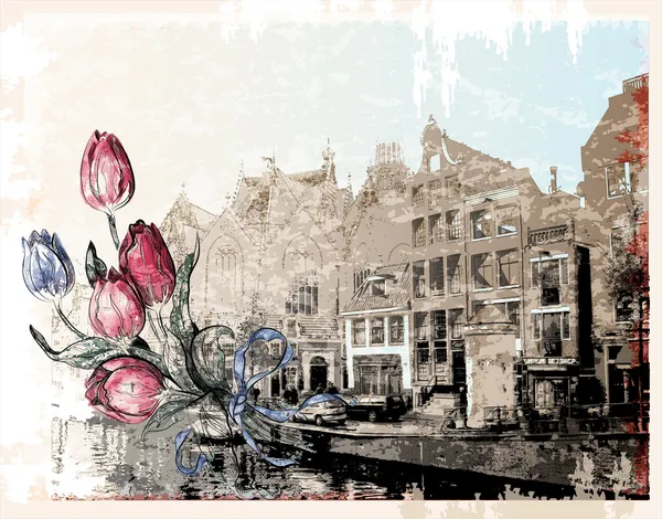 Vintage illustration of Amsterdam street. Watercolor style. — Stock Vector
