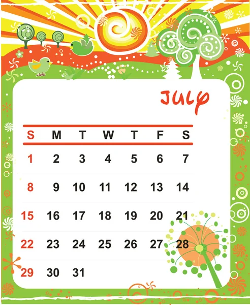 Quadro decorativo de calendário - julho — Vetor de Stock