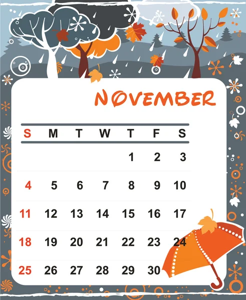 Takvim - Kasım için dekoratif çerçeve — Stok Vektör
