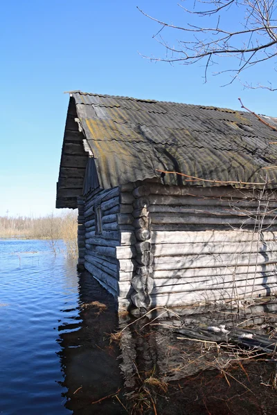 Rural wooden house amongst spring flood — Stock Photo, Image