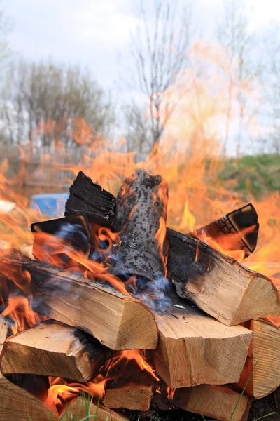 Brennholz am Lagerfeuer verbrennen — Stockfoto