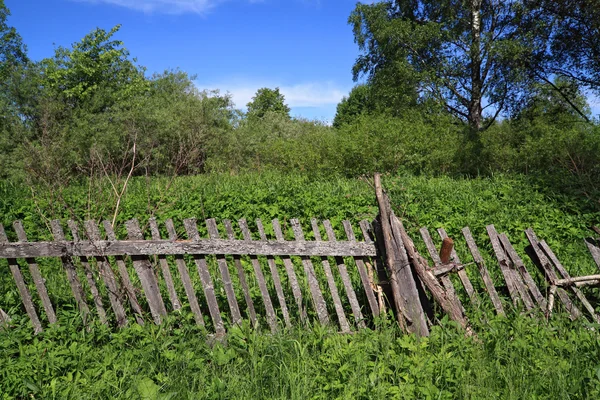 Old wooden fence near farmhouse — Stock Photo, Image