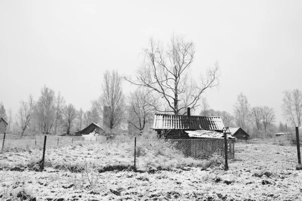 Старий сільський будинок на сніговому полі — стокове фото
