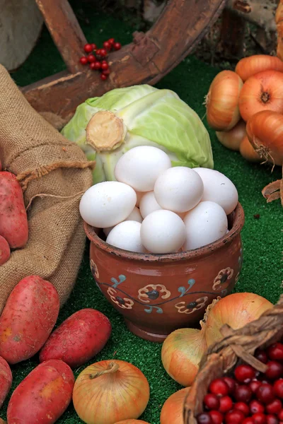 Varied food-stuffs on rural market — Stock Photo, Image