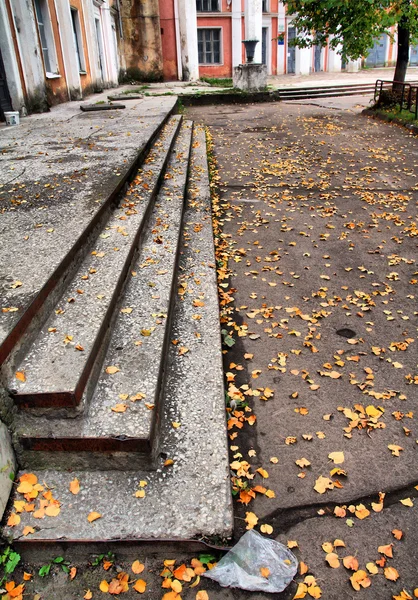 Geel blad op oude trap — Stockfoto