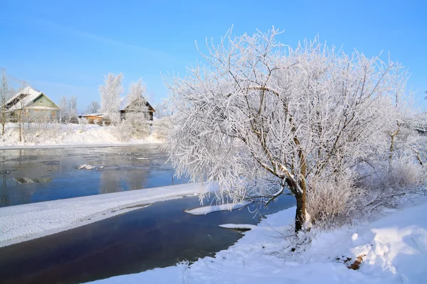 Зимняя деревня на берегу реки — стоковое фото