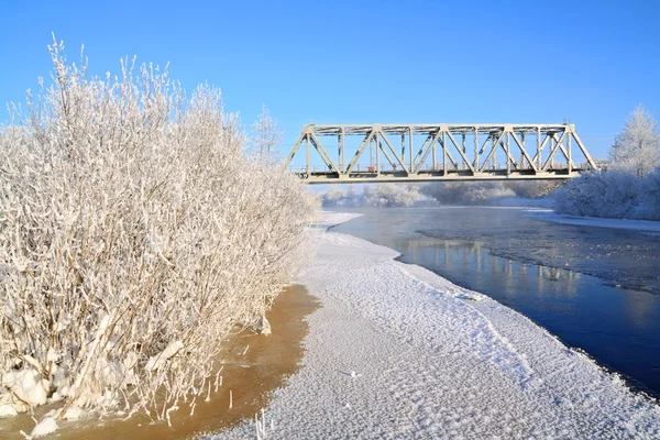 Most kolejowy na rzece zima — Zdjęcie stockowe