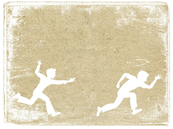 Dois meninos correndo em papel velho — Fotografia de Stock