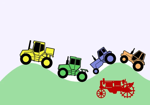 Тянет пять тракторов по кривой дороге — стоковый вектор