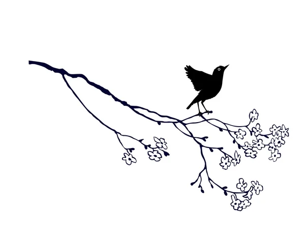 Pájaro en rama sobre fondo blanco — Vector de stock