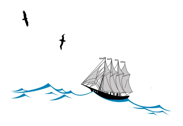 Plachetník na vlně silueta na bílém pozadí, vektorové příklad, kde — Stockový vektor