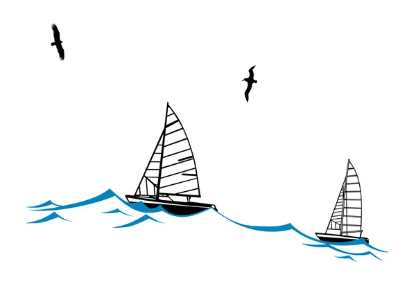 Zeilvis op Golf silhouet op witte achtergrond, vector illustra — Stockvector