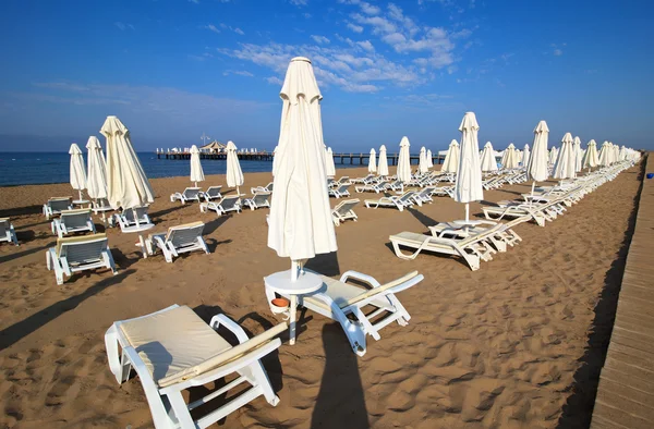 Лежаки и зонтики на пляже — стоковое фото