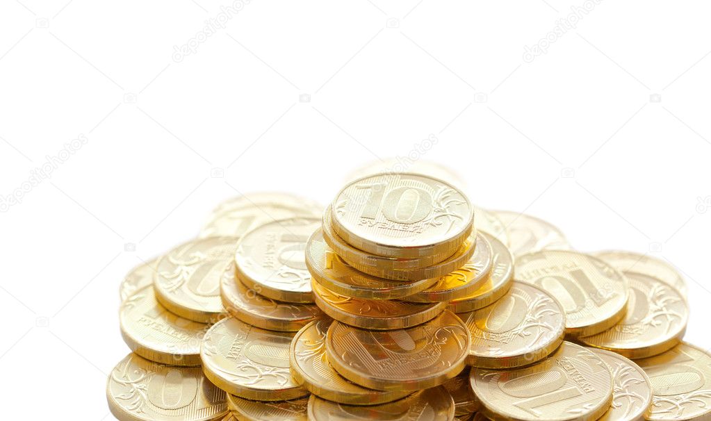 Pile of golden coins isolated on white