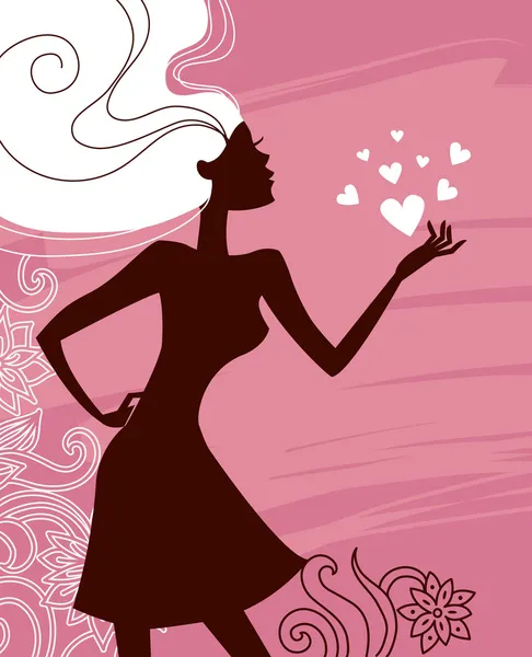 Beautiful girl silhouette with a hearts — Stock Vector