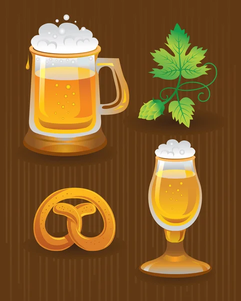 Collections for Octoberfest. Beer, hops and pretzel — Stock Vector