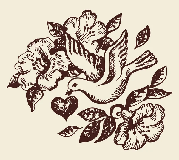 Kalp ve çiçeklerle kuş. resimde çizilmiş — Stok Vektör