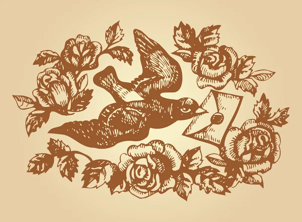 Vogel mit Liebesbrief und Blumen. Handgezeichnete Illustration — Stockvektor