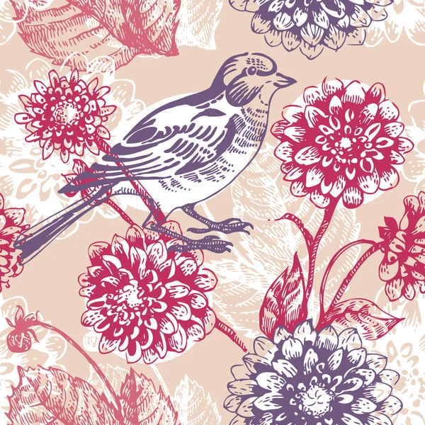 Bloemen naadloos patroon met vogel — Stockvector