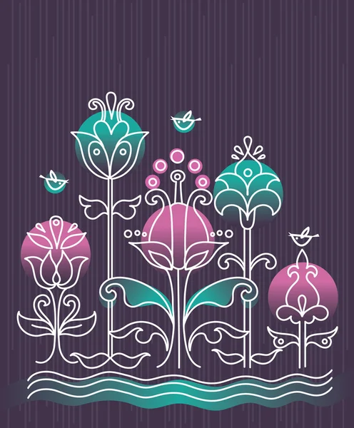 Kreslené pozadí s květin a ptáků — Stockový vektor