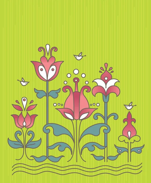 Sfondo cartone animato con fiori e uccelli — Vettoriale Stock
