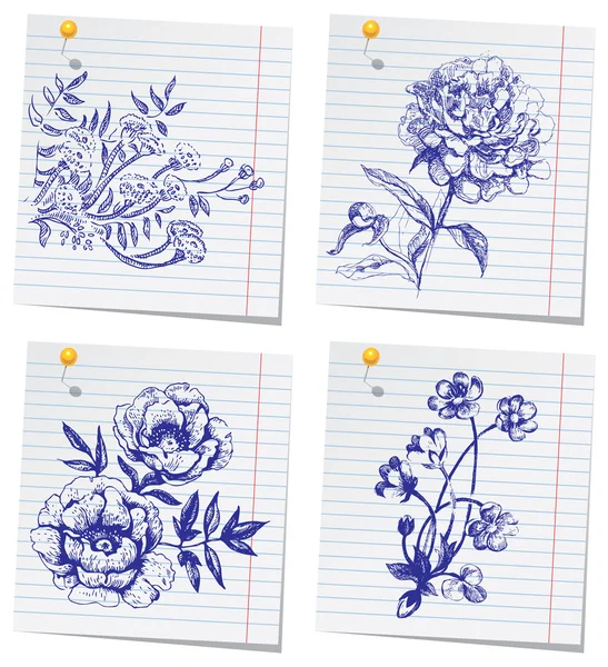Hand-drawn doodle flower set in sketchbook — Stock Vector