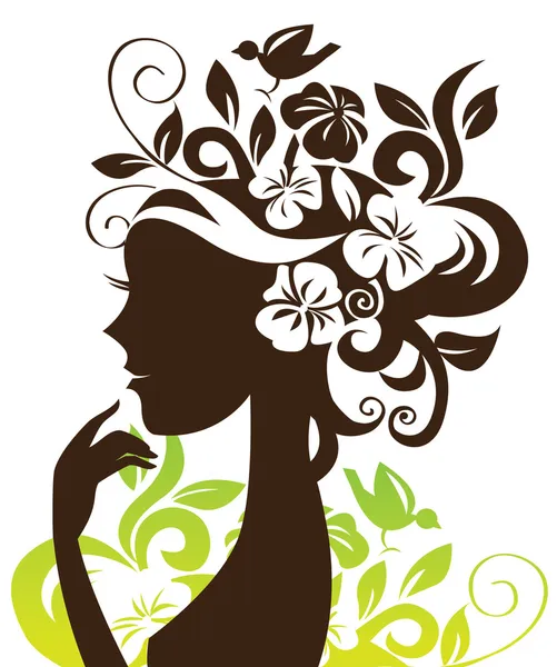 Bella silhouette donna con fiori e uccelli — Vettoriale Stock