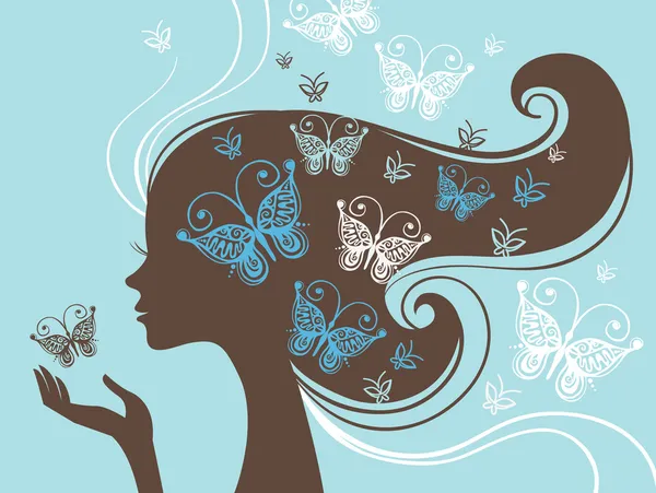 Belle silhouette femme avec papillon — Image vectorielle
