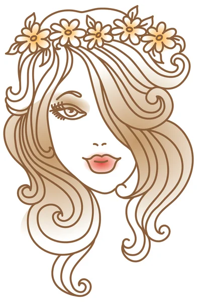 꽃, 선형 삽화와 함께 아름 다운 여자 — 스톡 벡터