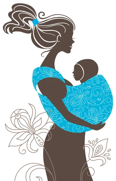 Vacker mamma siluett med bebis i en lyftsele — Stock vektor