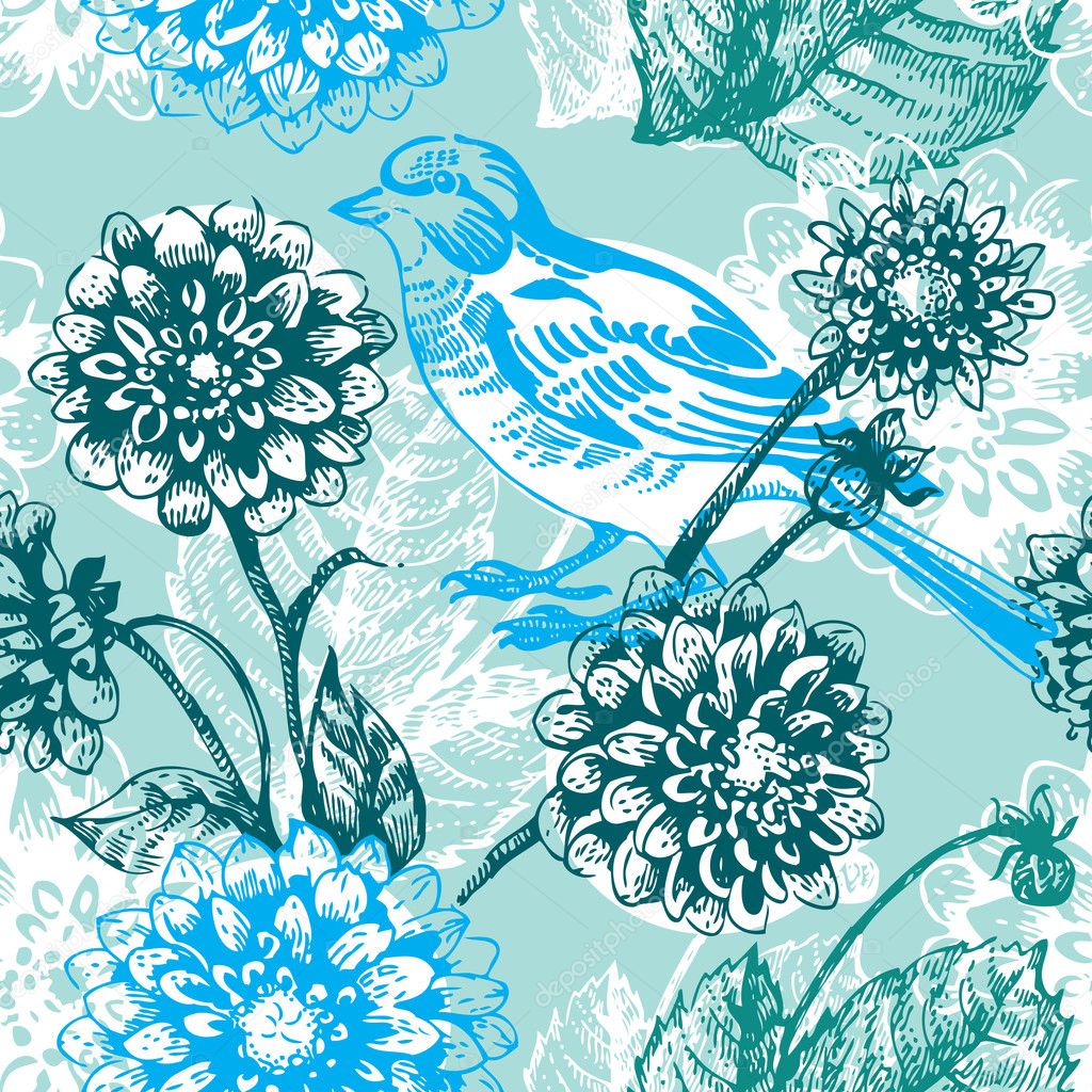 Floral seamless pattern with bird