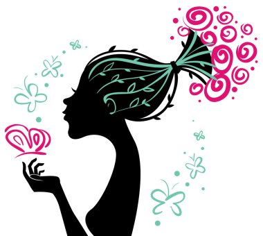 Beautiful woman silhouette with flowers and butterfly clipart