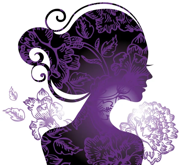 Krásná žena silueta s květinami — Stockový vektor