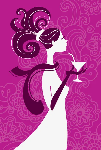 Belle silhouette de femme avec un verre dans une main — Image vectorielle