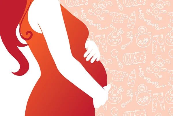Silueta de mujer embarazada con fondo de bebé sin costuras — Vector de stock