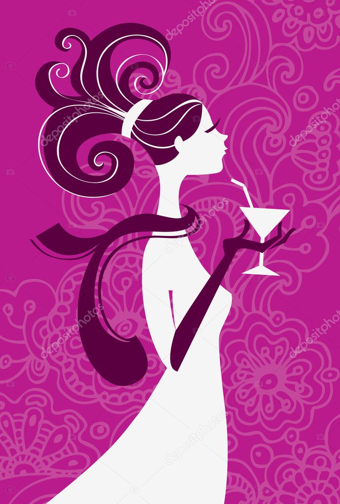 Beautiful woman silhouette with a glass in a hand