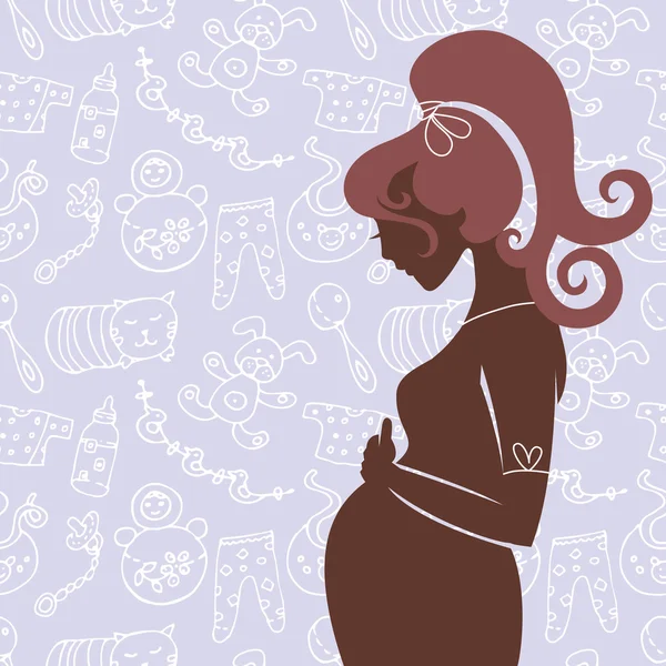 Silhueta de mulher grávida com fundo de bebê sem costura — Vetor de Stock