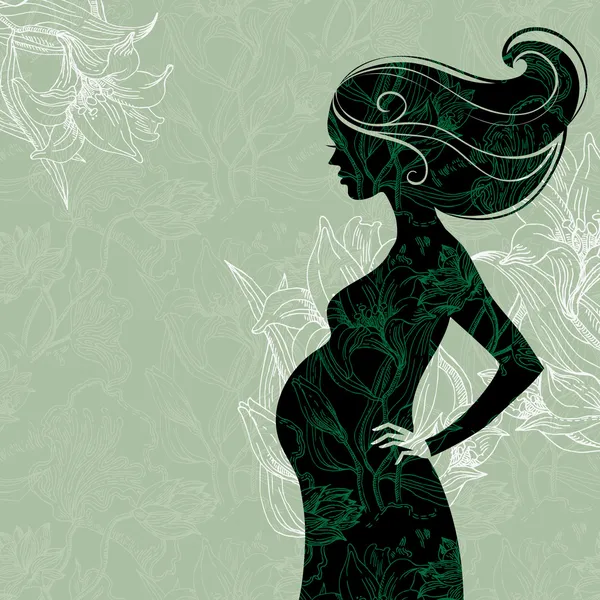 Silueta de mujer embarazada en flores — Vector de stock