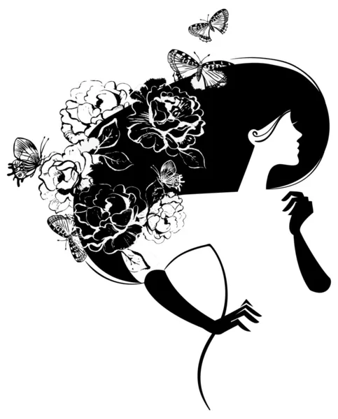 Bela silhueta mulher com flores e borboletas no haer — Vetor de Stock
