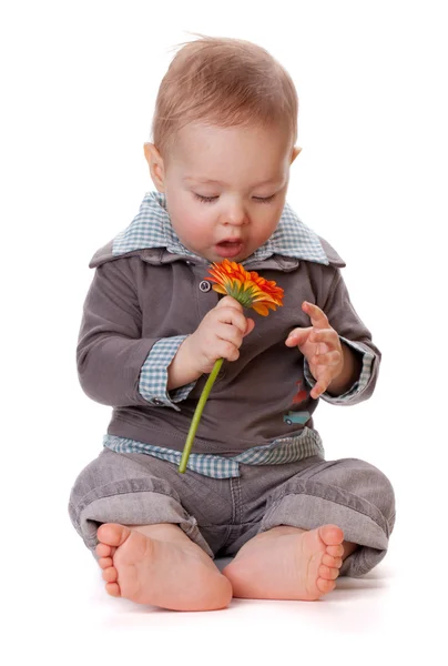 Liten bebis med orange blomma — Stockfoto